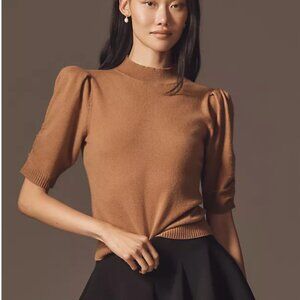 By Anthropologie Wool Cashmere Puff-Sleeve Mock-Neck Sweater in Honey Brown